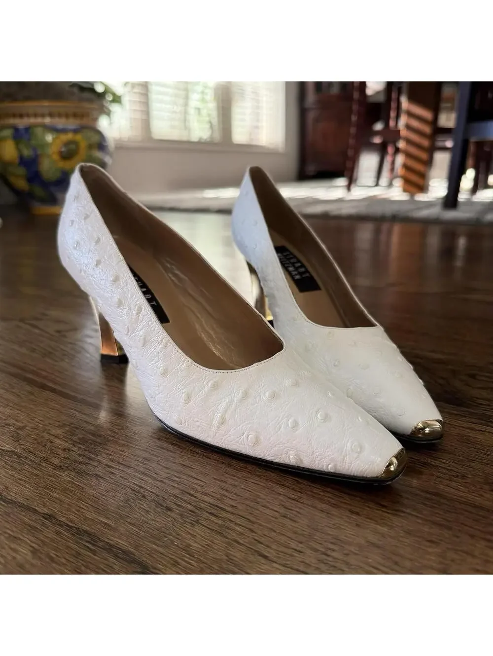 Stuart Weitzman White Textured Leather Pumps with Gold Toe Caps